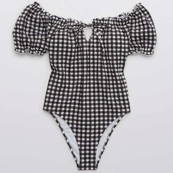 aerie gingham puff sleeve bikini top